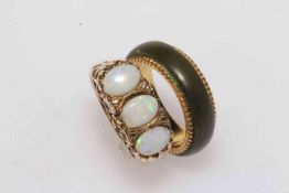 Opal three stone 9 carat gold ring, size M, and band ring (2).