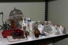 Cabinet cups and saucers including Coalport, velvet Cadbury's box, oak bookends, glassware,