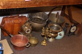 Two brass jam pans, planters, copper and brass pans, gilt metal ornate mantel clock, candelabra,