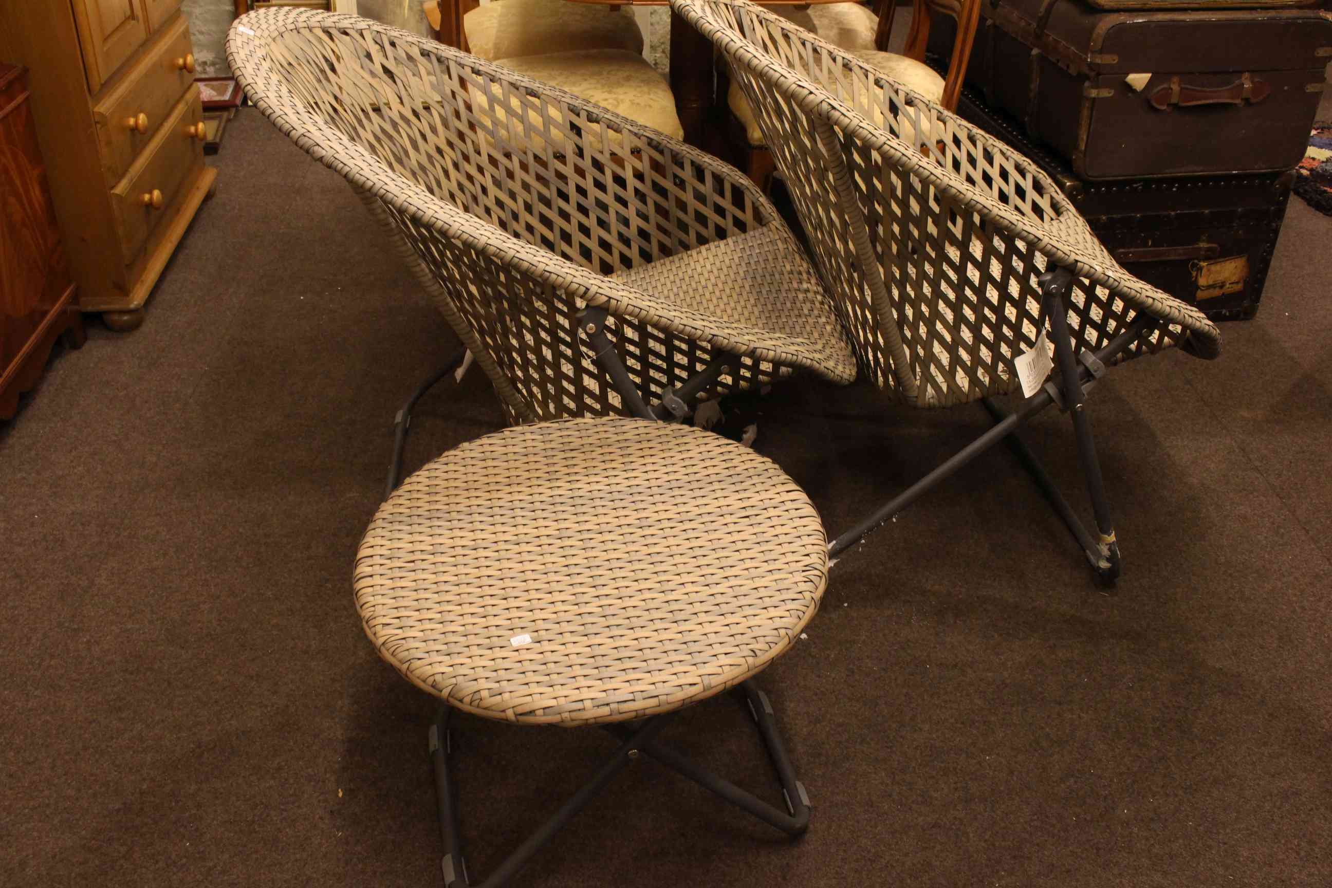 Pair of little used patio chairs and stool.