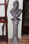 Marble style bust and stand depicting Greek Warrior, 130cm high.