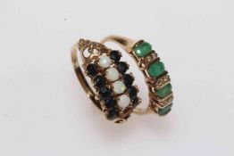 Emerald and diamond 9 carat gold ring, size P, and sapphire and opal 9 carat gold ring, size N (2).