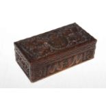 Carved wood box decorated with dragons and monogram, 20cm across.