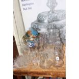 Semi-precious stone desk top globe, collection of glassware including decanters, vases, glasses,