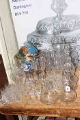 Semi-precious stone desk top globe, collection of glassware including decanters, vases, glasses,