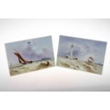 Pair porcelain plaques painted with fishing smacks in heavy seas, 18cm by 26cm.