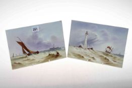 Pair porcelain plaques painted with fishing smacks in heavy seas, 18cm by 26cm.