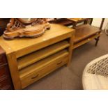 Light oak entertainment unit and two rectangular oak coffee tables (3).