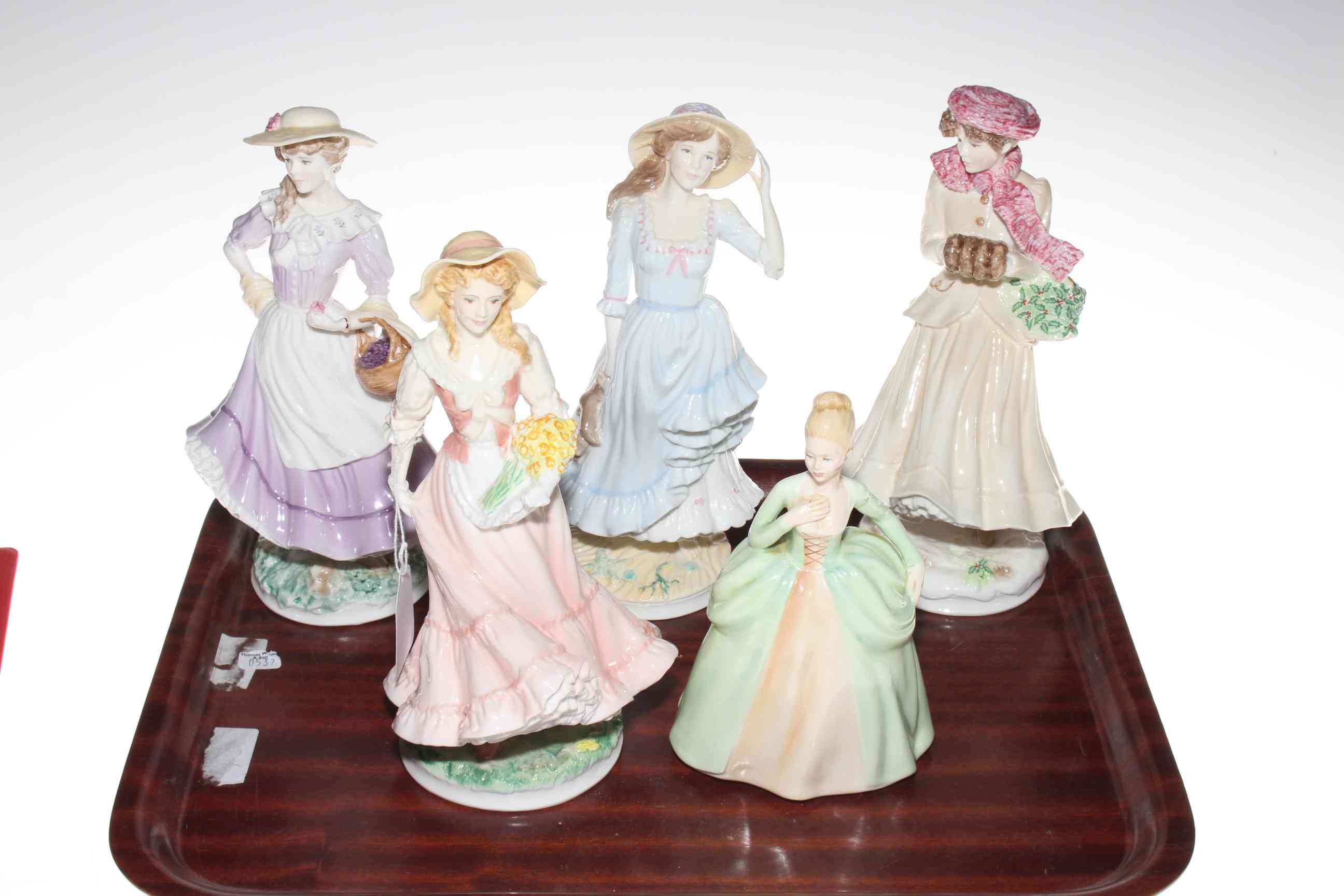 Set of four Royal Worcester Seasons figures and Art China Marjorie figure.