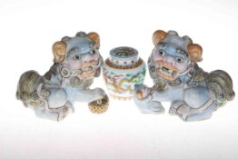 Pair Chinese Foo Dogs, 16cm high, and dragon jar (2).