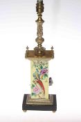 Chinoiserie porcelain and brass table lamp, 46cm high.