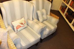 Pair two tone green stripe wing back armchairs.