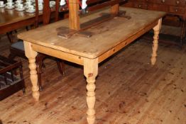 Rectangular pine farmhouse style kitchen table on turned legs, 78cm x 92cm x 182cm.