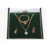 14 carat pink gem set ring, size Q, pendant necklace, and pair ear studs.