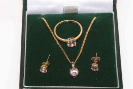14 carat pink gem set ring, size Q, pendant necklace, and pair ear studs.
