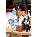 Collection of Oriental porcelain including cast metal Goddess, blue and white ginger jar,