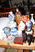 Collection of Oriental porcelain including cast metal Goddess, blue and white ginger jar,