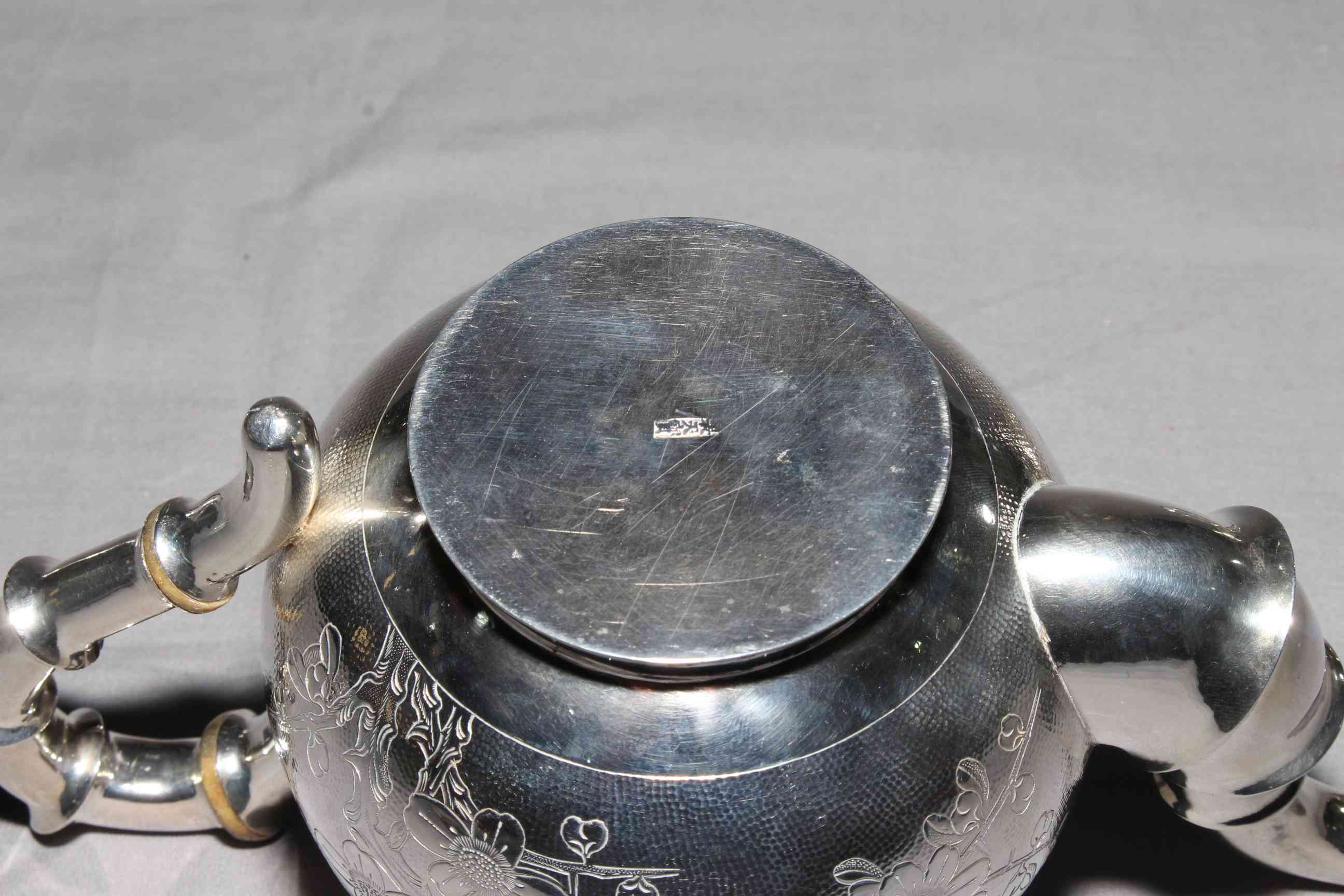 Chinese Shanghai silver four piece tea set comprising teapot, sugar, cream and strainer, - Image 4 of 6