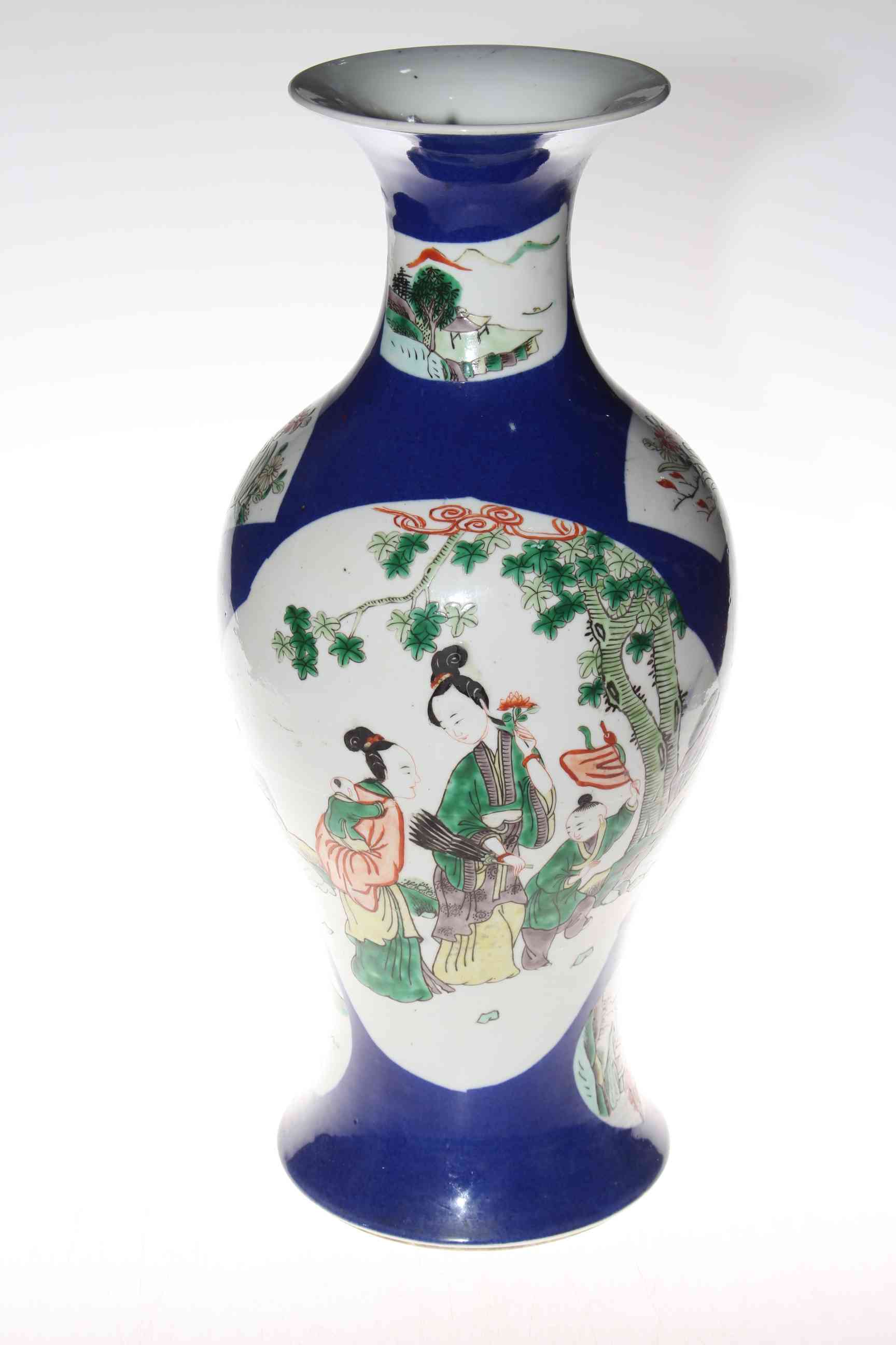 Chinese 19th Century famille verte powder blue vase, with figures, flowers and landscape decoration,