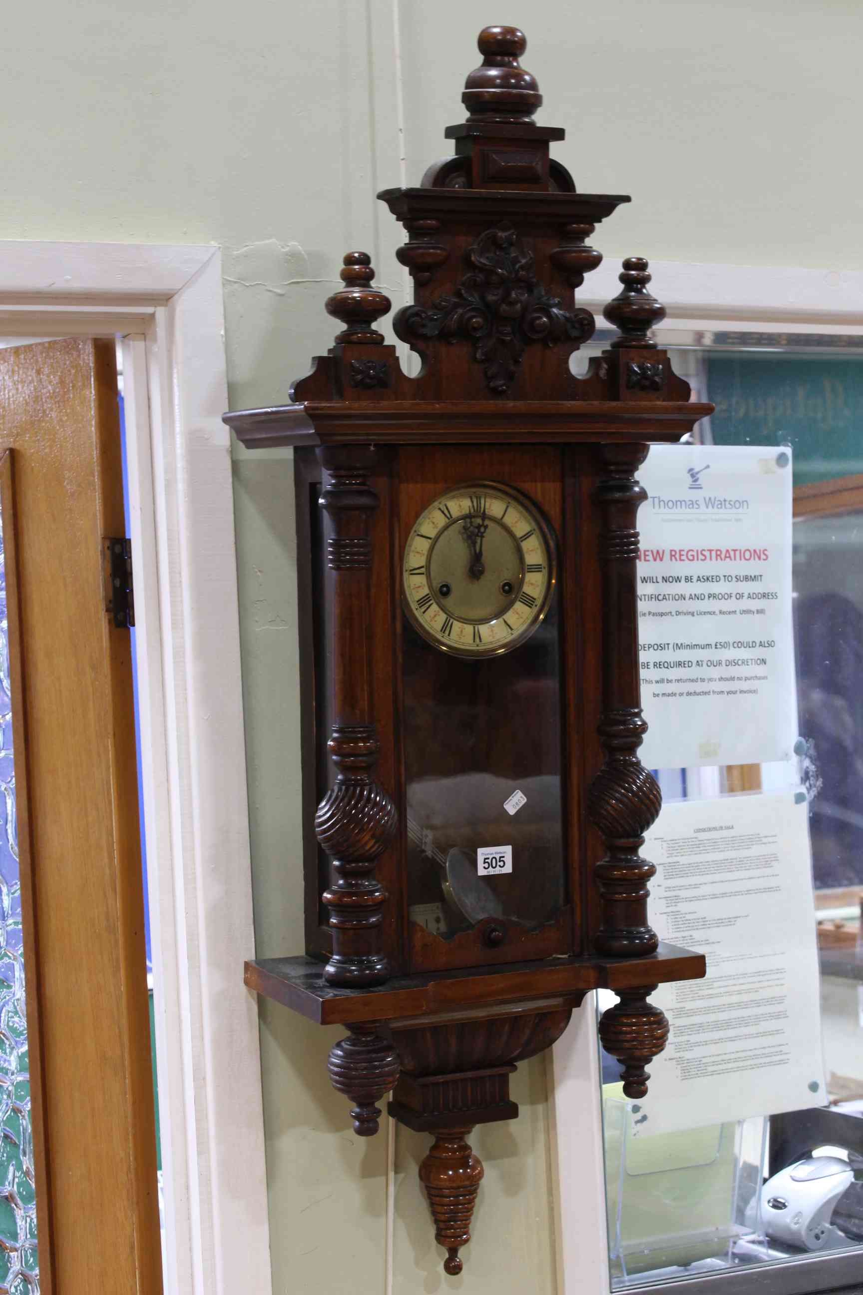 Victorian walnut cased Vienna wall clock.