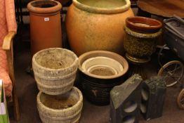 Terracotta chimney pot and collection of eleven various planters.