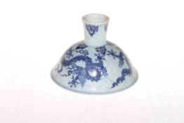 Chinese blue and white stemmed bowl with dragon decoration and six character mark inside bowl, 15.