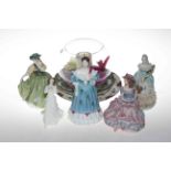 Two Royal Doulton ladies, Buttercup and Forget-Me-Not, two Coalport ladies,
