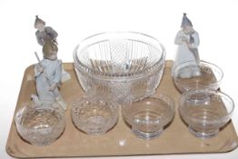 Two Royal Copenhagen and Lladro figures and six glass bowls.