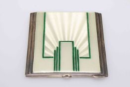 Art Deco silver and enamel compact, having green line architectural decoration on white ground,