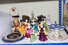 Collection of Royal Doulton and Coalport lady figurines, character jugs, Staffordshire dog, plates,
