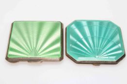 Two silver and green and blue enamel compacts, Birmingham 1936 and 1944,