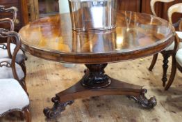 Victorian circular rosewood loo table on carved pedestal to inverted triform base,