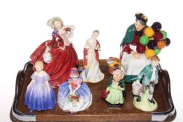 Seven Royal Doulton figures including Jack, Sairey Gamp, Monica, Esmerelda and Marie.