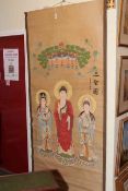 Large Chinese painted scroll of three goddesses, 222cm by 101cm.