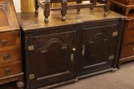 Antique oak arched fielded panel two door side cabinet, 76cm by 122cm by 51cm.