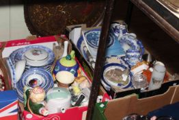 Three boxes of blue and white china, novelty teapots, cameras and lenses, etc.