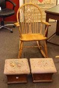 Pair Victorian mahogany box footstools and wheelback rocking chair (3).