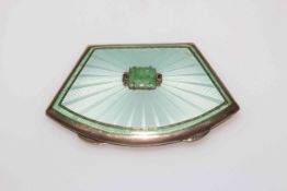 Asprey's silver and enamel compact, of shaped form with jade mount on blue/green ground,