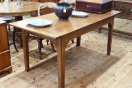 Rectangular rustic style oak plank top and jointed dining table, 76cm by 167cm by 84cm.