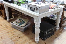 White washed farmhouse style kitchen table on turned legs, 79cm by 179cm by 105cm.