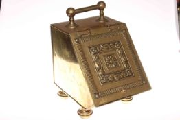 Victorian brass slope front coal box.