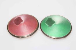 Two Art Deco silver and green and pink guilloché enamel compacts, both Birmingham 1939,