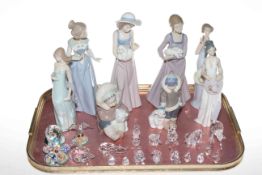 Five Lladro and three Nao figures and collection of Swarovski and other crystal animals.