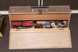 Carpenters tool box and tools including saws, hand drills, etc.