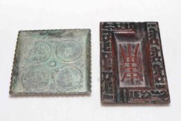 Two Chinese small cast metal trays, ashtray 16cm across.