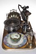 Silver plated ware including ewer, rose bowl, muffin dish, vases, etc,