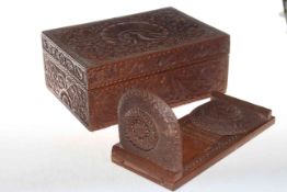 Heavily carved wood box and similar carved wood expanding book trough.