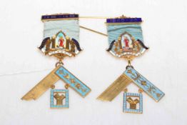 Two 9 carat gold and enamel St. Oswald Lodge No.