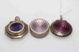 Three small purple/mauve enamel boxes, two with hinged lids, Birmingham 1920/21,