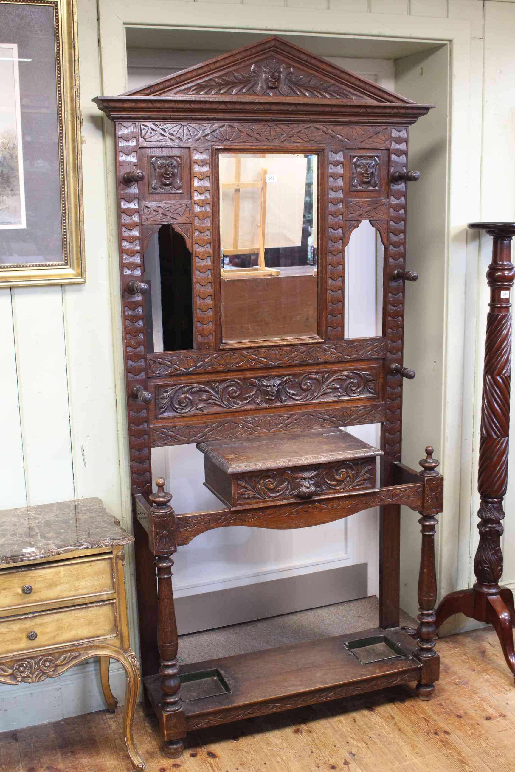 Victorian carved oak mirror back hallstand, 207cm by 103cm by 29cm.